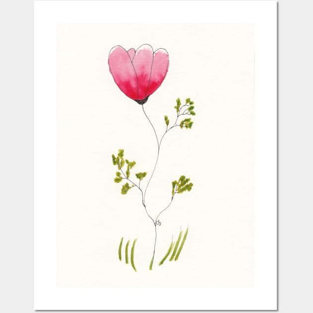 One Pink Flower in Pen Ink and Watercolor Wall Art by ConniSchaf